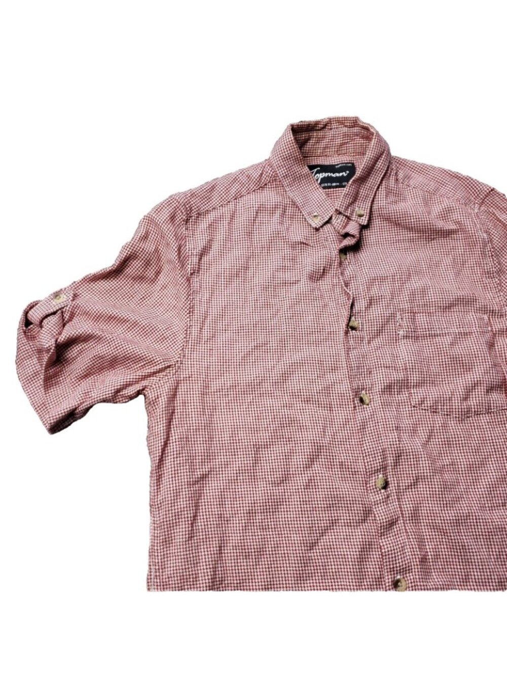 TOPMAN  Button Shirt Mens S Small Short Sleeve Red Houndstooth Plaid